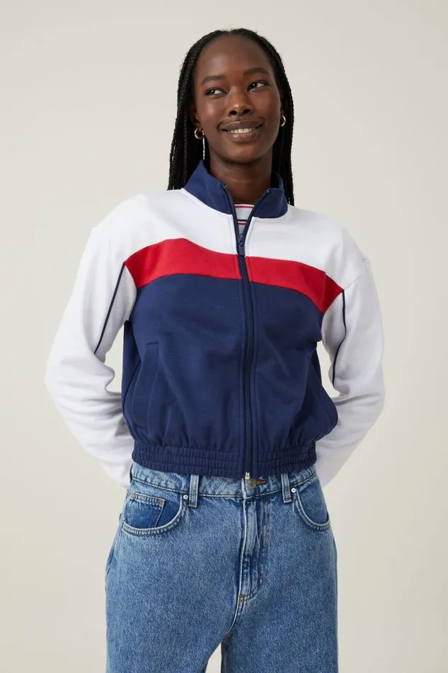 Retro Sporty Cropped Zip Through Deep Indigo Crimson White Women Cotton On Tops