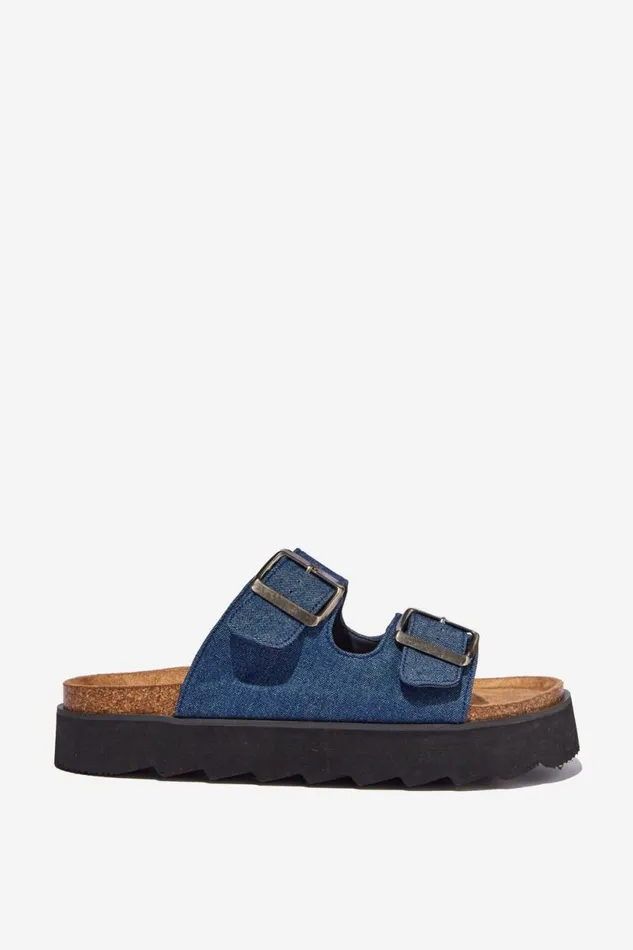 Rex Flatform Buckle Slide Blue Denim Women Cotton On Shoes and Slippers