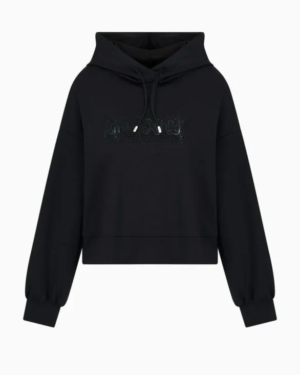 Rhinestone Logo Hoodie Black Women Armani Matching Sets