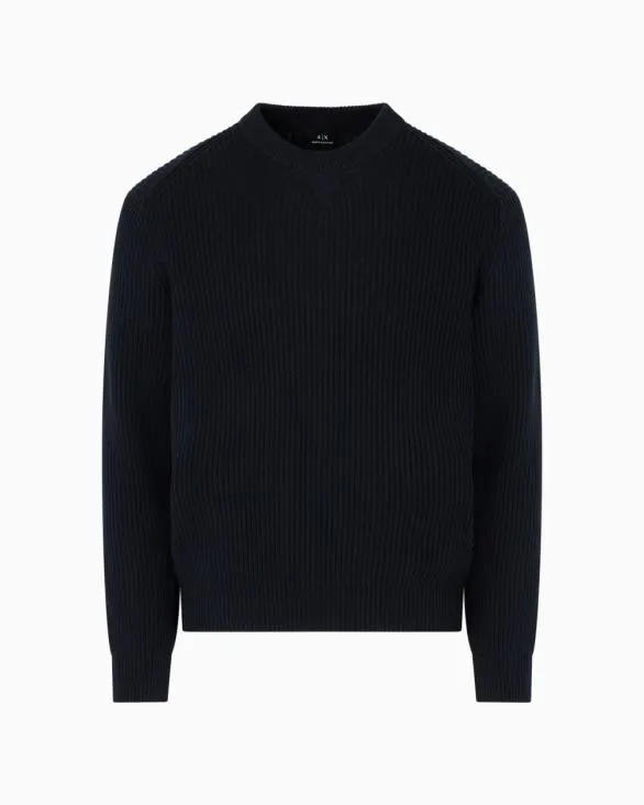 Ribbed Cotton Crew Neck Sweater Navyblue Men Armani Knitwear