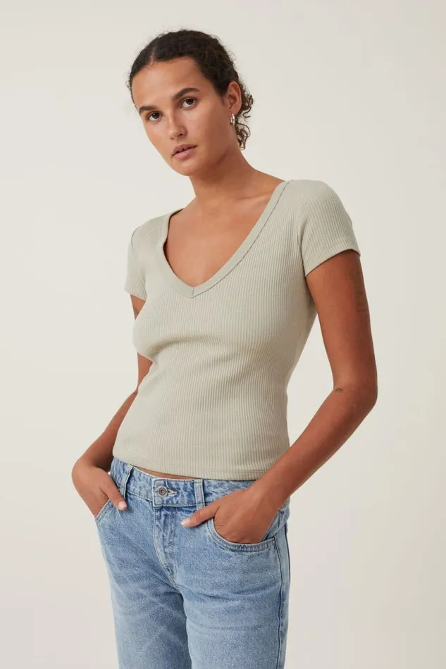 Rory V Neck Short Sleeve Tee Desert Sage Women Cotton On Tops