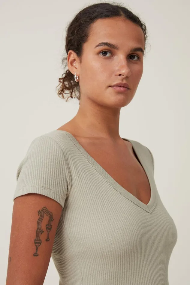 Rory V Neck Short Sleeve Tee Desert Sage Women Cotton On Tops