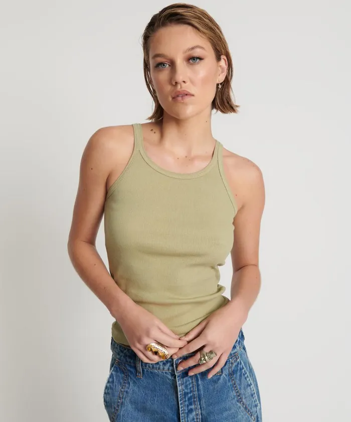 SAGE GREEN BAMBOO LOGO SINGLET Women One Teaspoon Tees and Tanks