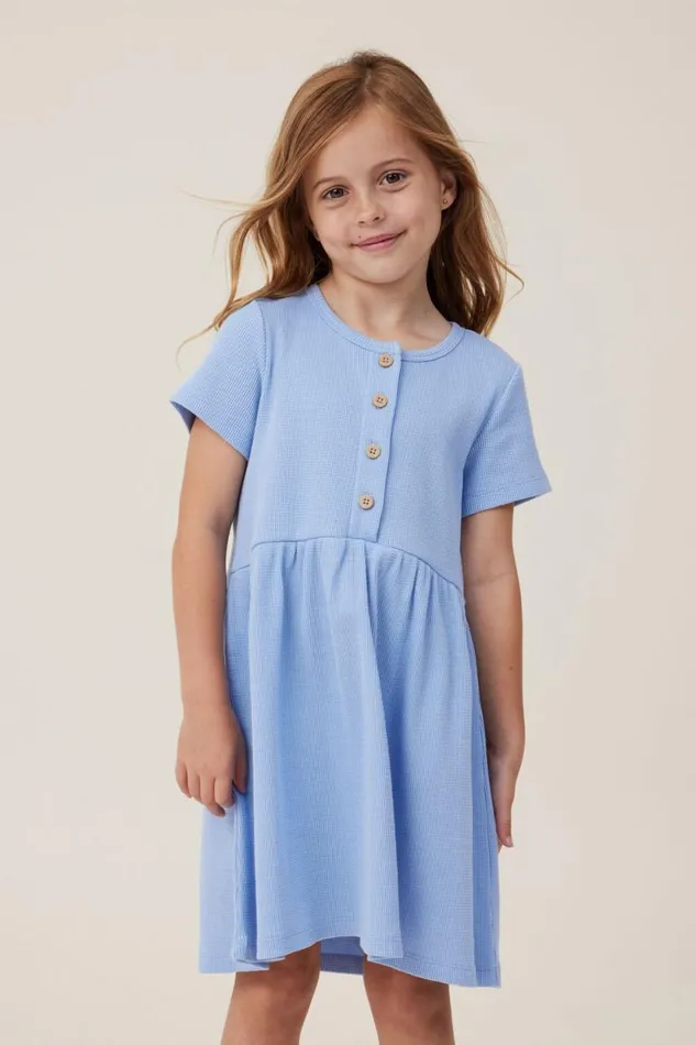 Sally Button Front Short Sleeve Dress Dusk Blue Waffle Girls Cotton On Dresses
