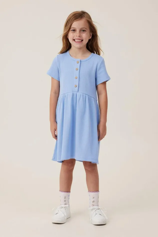 Sally Button Front Short Sleeve Dress Dusk Blue Waffle Girls Cotton On Dresses Sally Button Front Short Sleeve Dress Dusk Blue Waffle Girls Cotton On Dresses