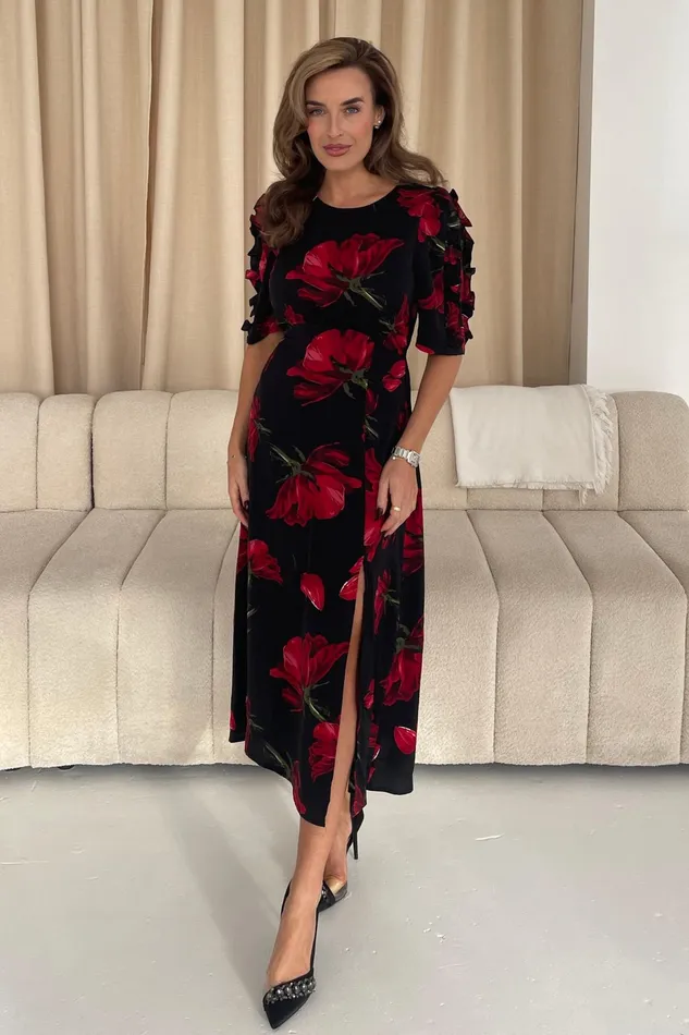 Samira Black Floral Frill Sleeve Midi Dress Women Girl In Mind Midi Dresses