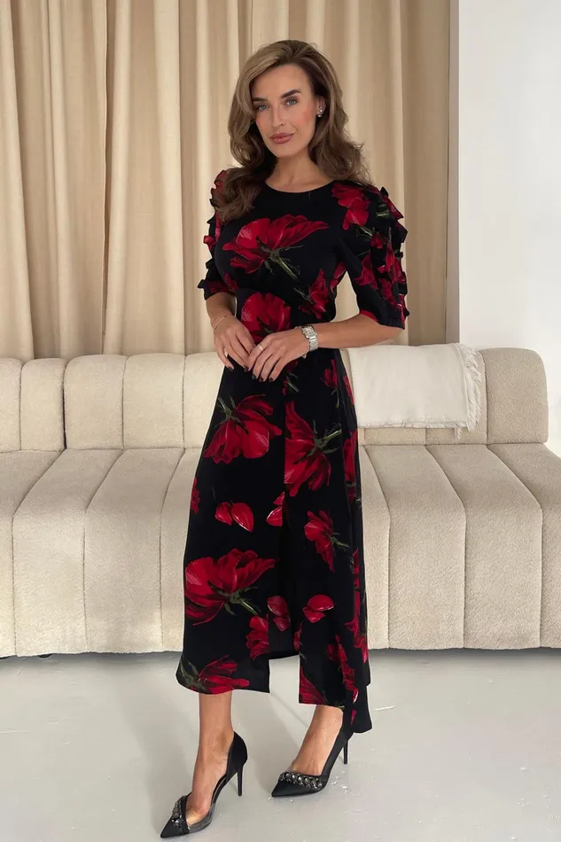Samira Black Floral Frill Sleeve Midi Dress Women Girl In Mind Midi Dresses