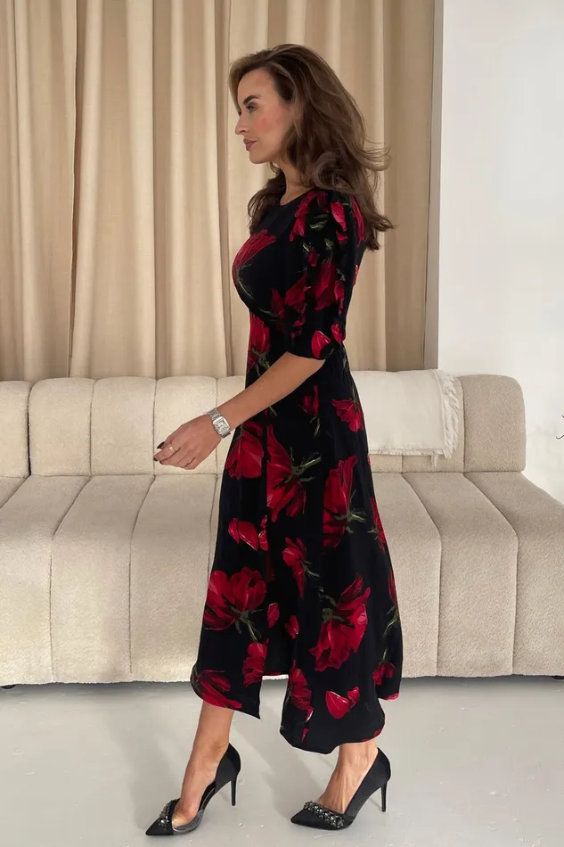 Samira Black Floral Frill Sleeve Midi Dress Women Girl In Mind Midi Dresses