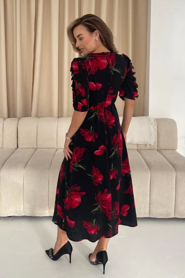 Samira Black Floral Frill Sleeve Midi Dress Women Girl In Mind Midi Dresses