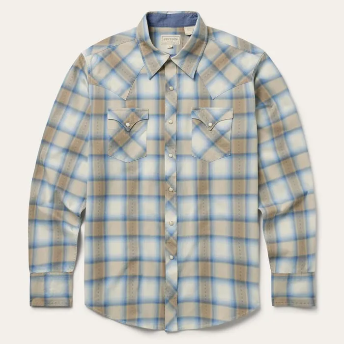 Sand Plaid Dobby Western Shirt Brown Men Stetson Western Shirts