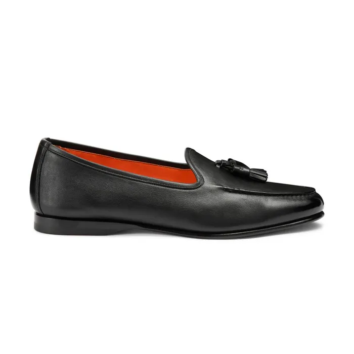 Santoni Black Leather Andrea Tassel Loafer Men Loafers