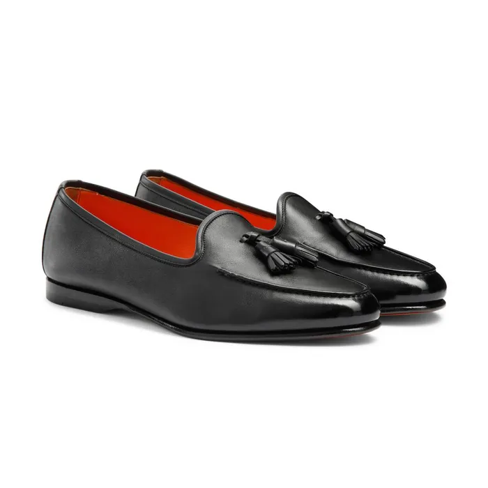 Santoni Black Leather Andrea Tassel Loafer Men Loafers