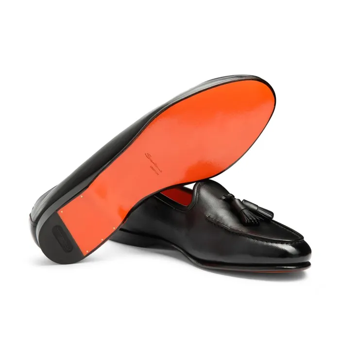 Santoni Black Leather Andrea Tassel Loafer Men Loafers