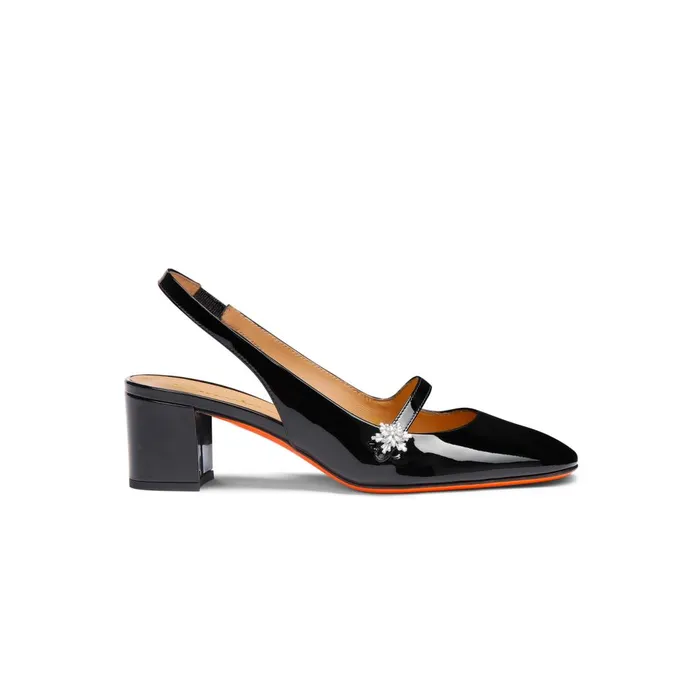 Santoni Black Patent Leather LowHeel Slingback Women Pumps and Heels