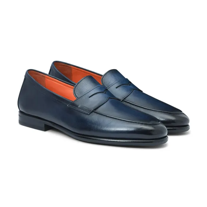 Santoni Blue Leather Carlo Loafer Men Loafers