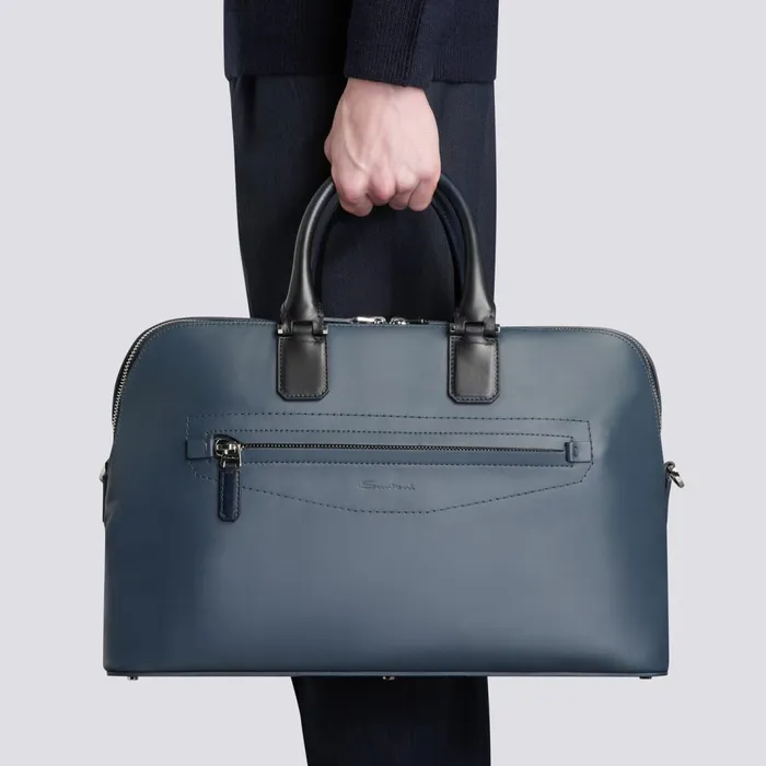 Santoni Blue Leather Laptop Bag Men Bags and Backpacks