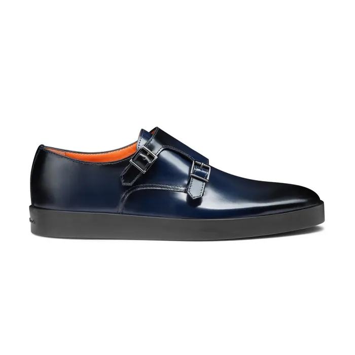 Santoni Blue Shiny Leather DoubleBuckle Shoe Men Double Buckle