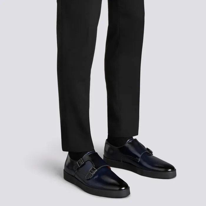 Santoni Blue Shiny Leather DoubleBuckle Shoe Men Double Buckle