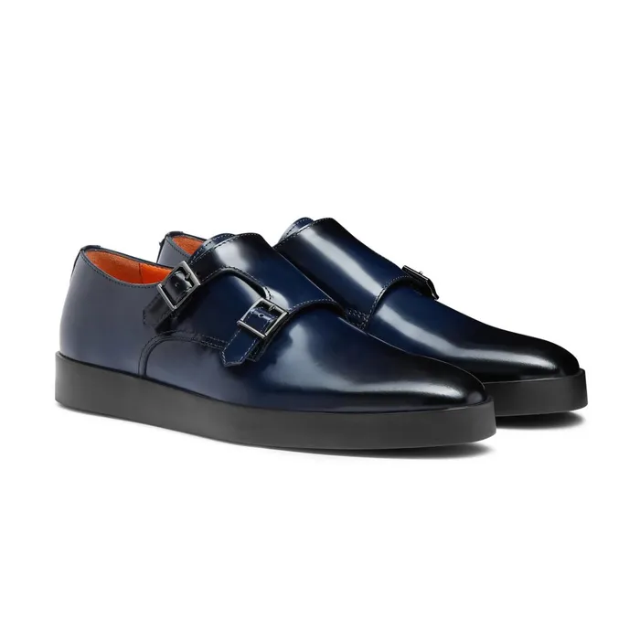 Santoni Blue Shiny Leather DoubleBuckle Shoe Men Double Buckle