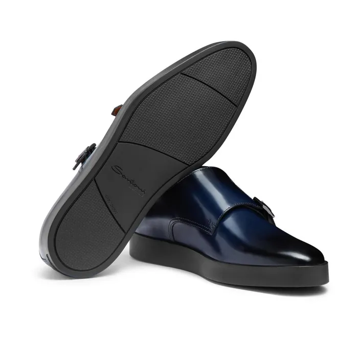 Santoni Blue Shiny Leather DoubleBuckle Shoe Men Double Buckle