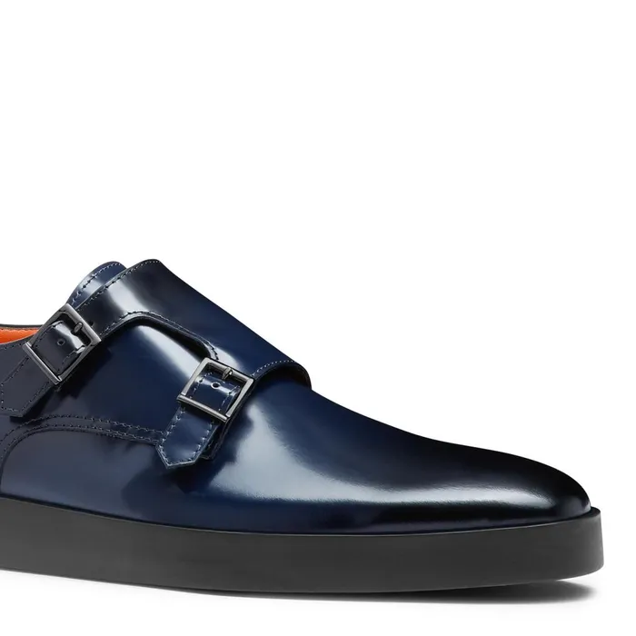 Santoni Blue Shiny Leather DoubleBuckle Shoe Men Double Buckle