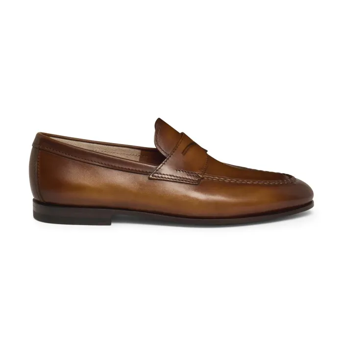 Santoni Brown Leather Penny Loafer Men Loafers