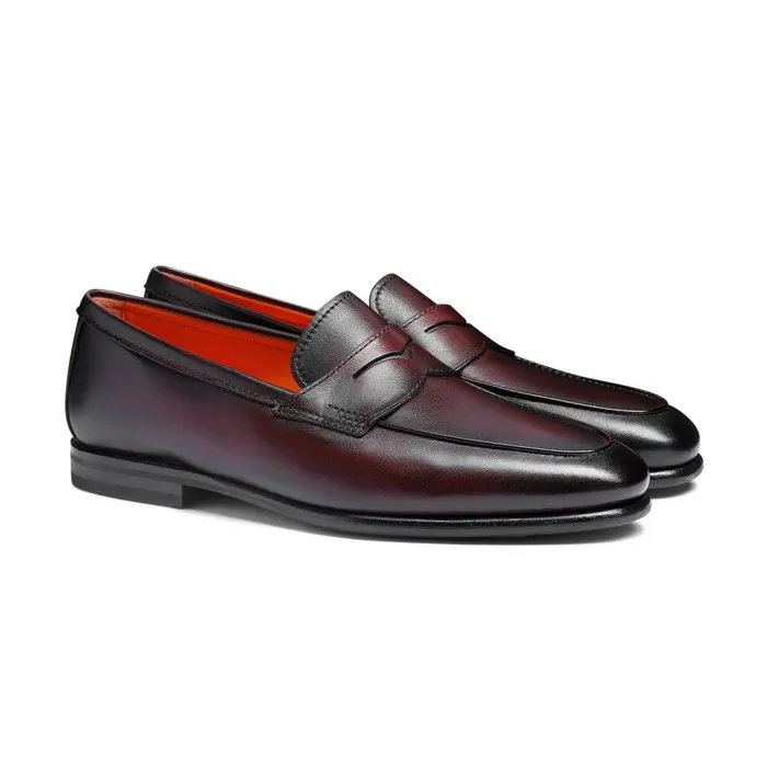 Santoni Burgundy Leather Carlo Loafer Men Loafers