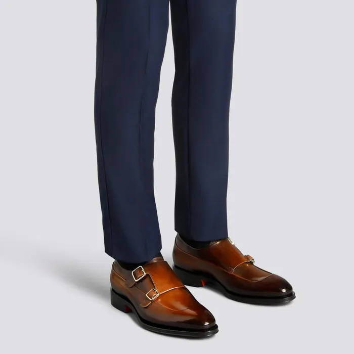 Santoni Dark Brown Leather DoubleBuckle Shoe Men Double Buckle
