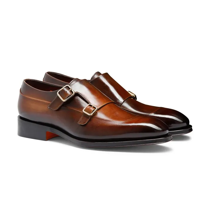 Santoni Dark Brown Leather DoubleBuckle Shoe Men Double Buckle