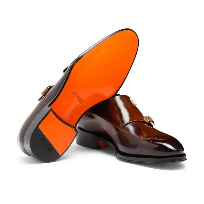Santoni Dark Brown Leather DoubleBuckle Shoe Men Double Buckle