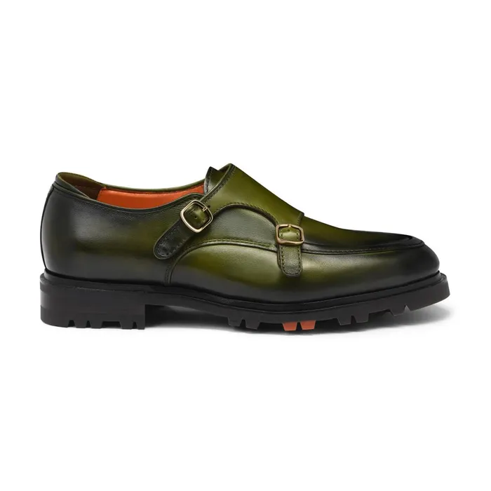 Santoni Green Leather DoubleBuckle Shoe Men Double Buckle