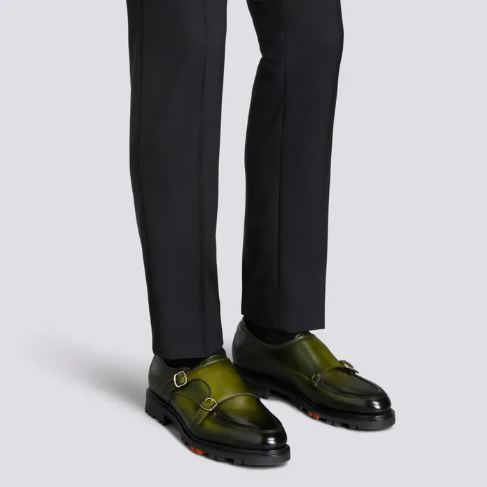 Santoni Green Leather DoubleBuckle Shoe Men Double Buckle