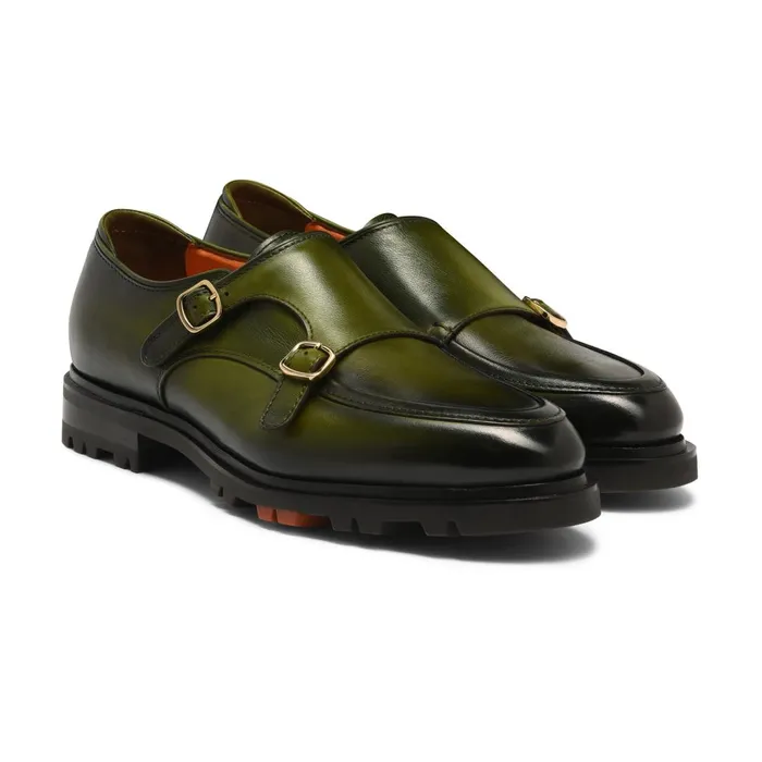 Santoni Green Leather DoubleBuckle Shoe Men Double Buckle