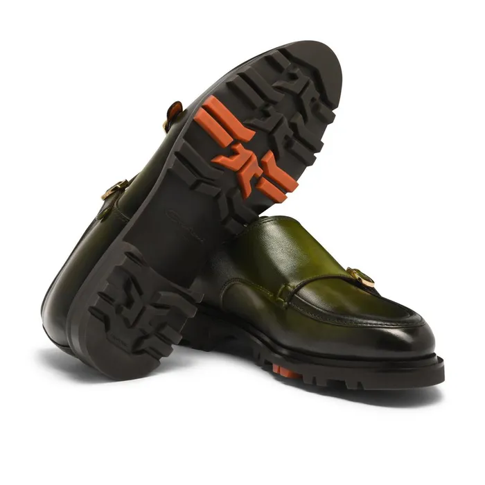 Santoni Green Leather DoubleBuckle Shoe Men Double Buckle