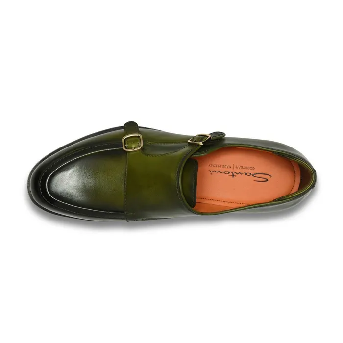 Santoni Green Leather DoubleBuckle Shoe Men Double Buckle