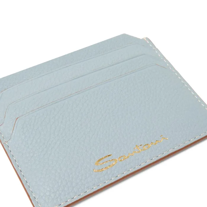 Santoni Light Blue Tumbled Leather Credit Card Holder Women Small Leather Goods