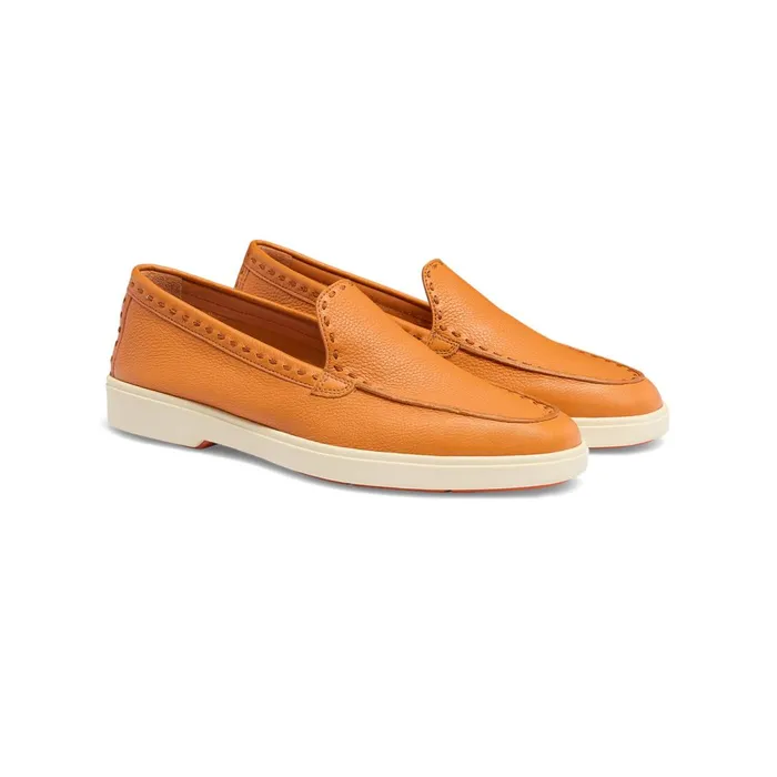 Santoni Orange Tumbled Leather Loafer Women Loafers