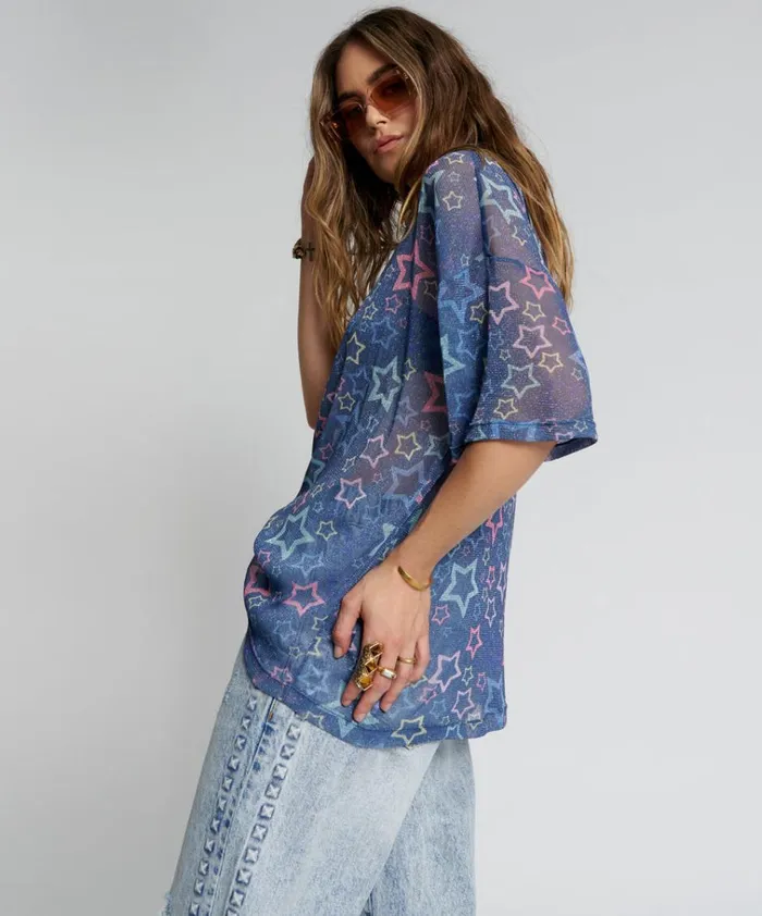 SENSORY STAR OVERSIZED MESH TEE Women One Teaspoon Tees and Tanks SENSORY STAR OVERSIZED MESH TEE Women One Teaspoon Tees and Tanks