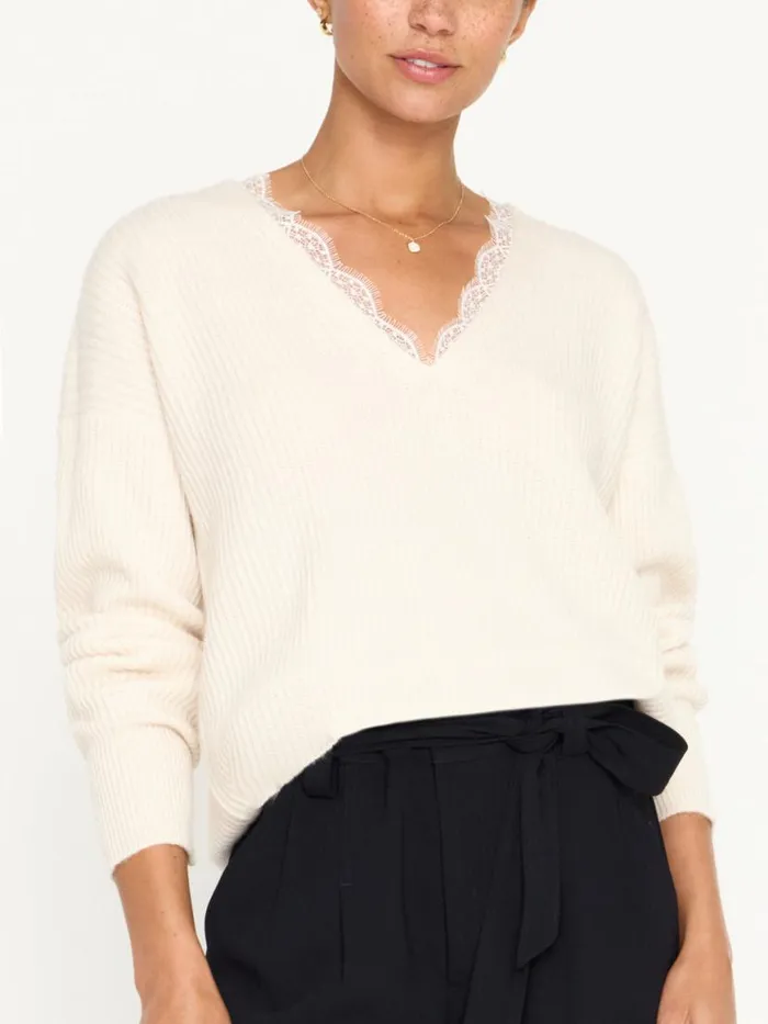 Shop Brochu Walker Sweaters The Ava Lace V Neck Sweater Almond Combo
