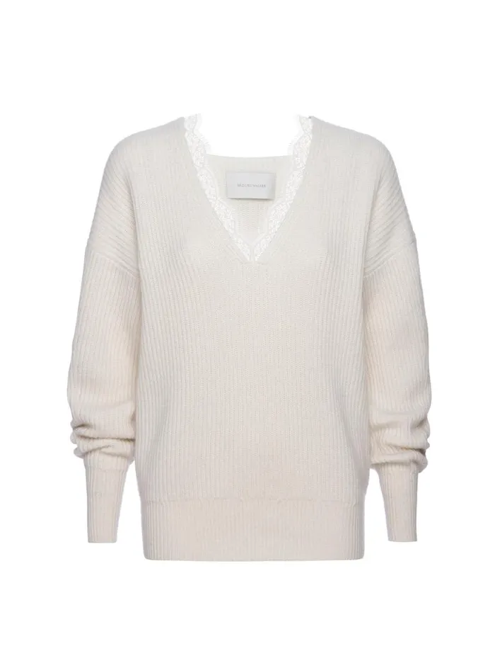 Shop Brochu Walker Sweaters The Ava Lace V Neck Sweater Almond Combo