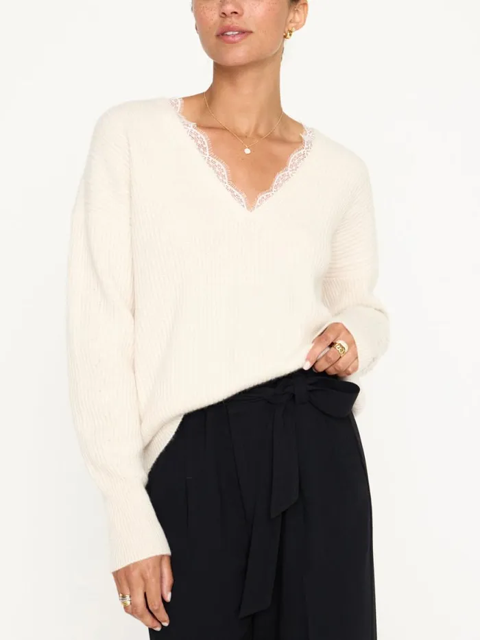 Shop Brochu Walker Sweaters The Ava Lace V Neck Sweater Almond Combo