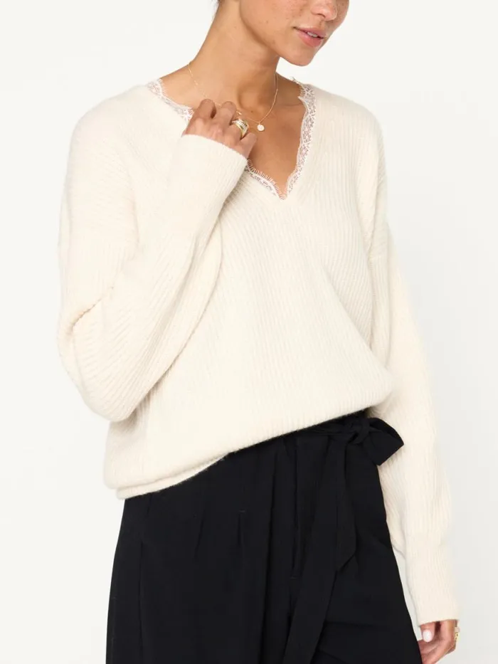 Shop Brochu Walker Sweaters The Ava Lace V Neck Sweater Almond Combo