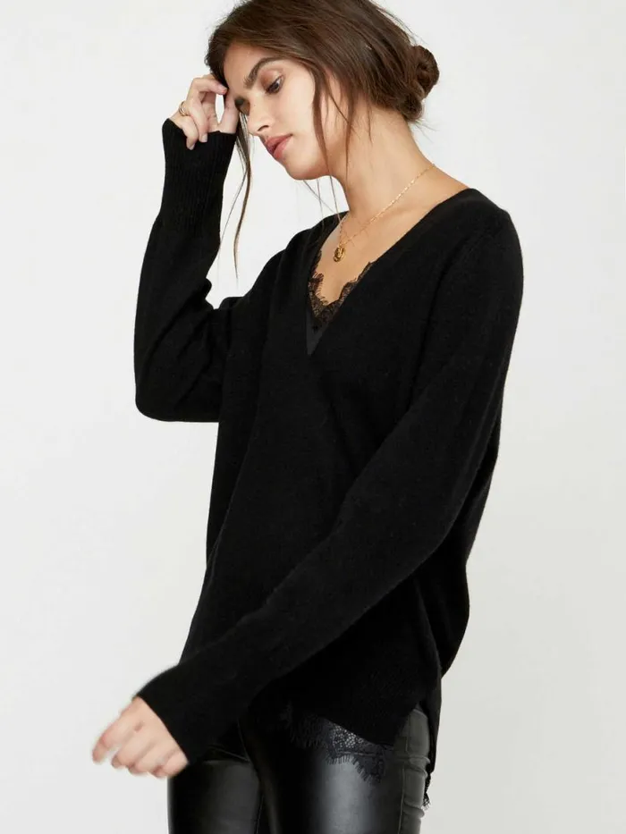 Shop Brochu Walker Sweaters The Lace Vee Looker Pullover Black Onyx