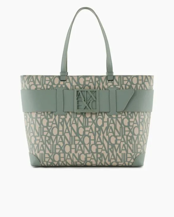 Shopper Bag With Allover Contrasting Logo Green Women Armani Shoppers