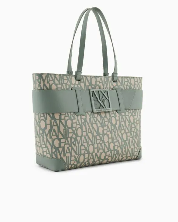 Shopper Bag With Allover Contrasting Logo Green Women Armani Shoppers Shopper Bag With Allover Contrasting Logo Green Women Armani Shoppers