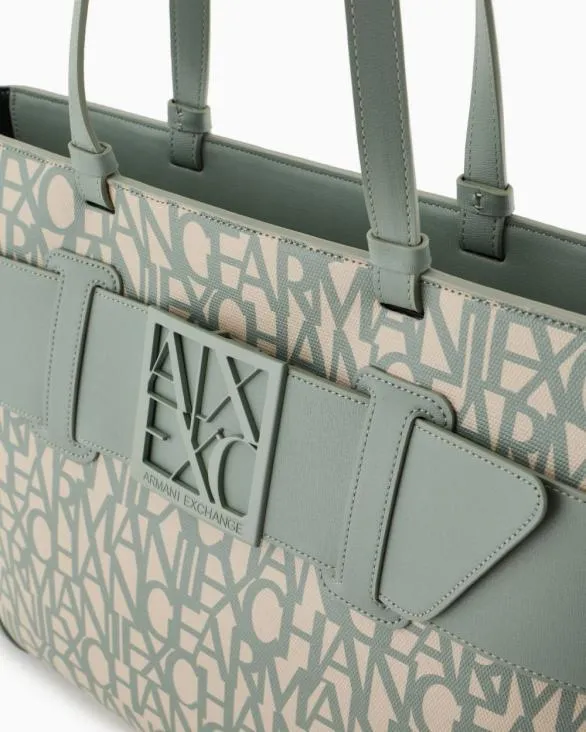Shopper Bag With Allover Contrasting Logo Green Women Armani Shoppers Shopper Bag With Allover Contrasting Logo Green Women Armani Shoppers