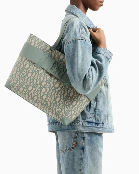 Shopper Bag With Allover Contrasting Logo Green Women Armani Shoppers Shopper Bag With Allover Contrasting Logo Green Women Armani Shoppers