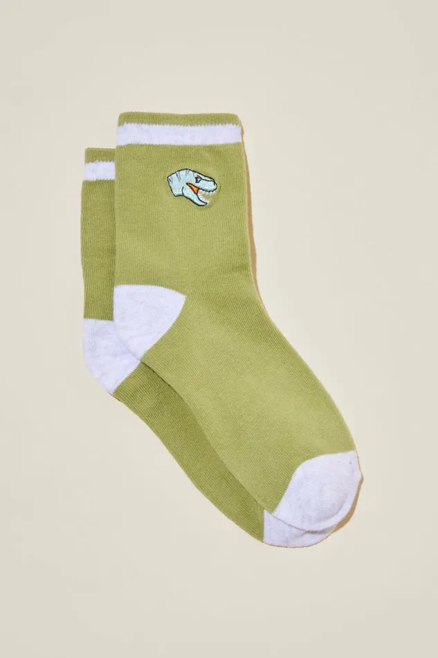 Single Pack Crew Socks Deep Sagedino Head Embroidery GirlsBoys Cotton On Socks and Tights Single Pack Crew Socks Deep Sagedino Head Embroidery GirlsBoys Cotton On Socks and Tights