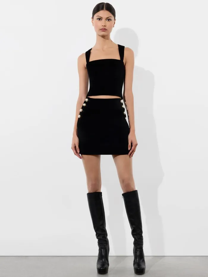 Skirts Women Alice Olivia DONALD VELVET SIDE BUTTON SKIRT Black