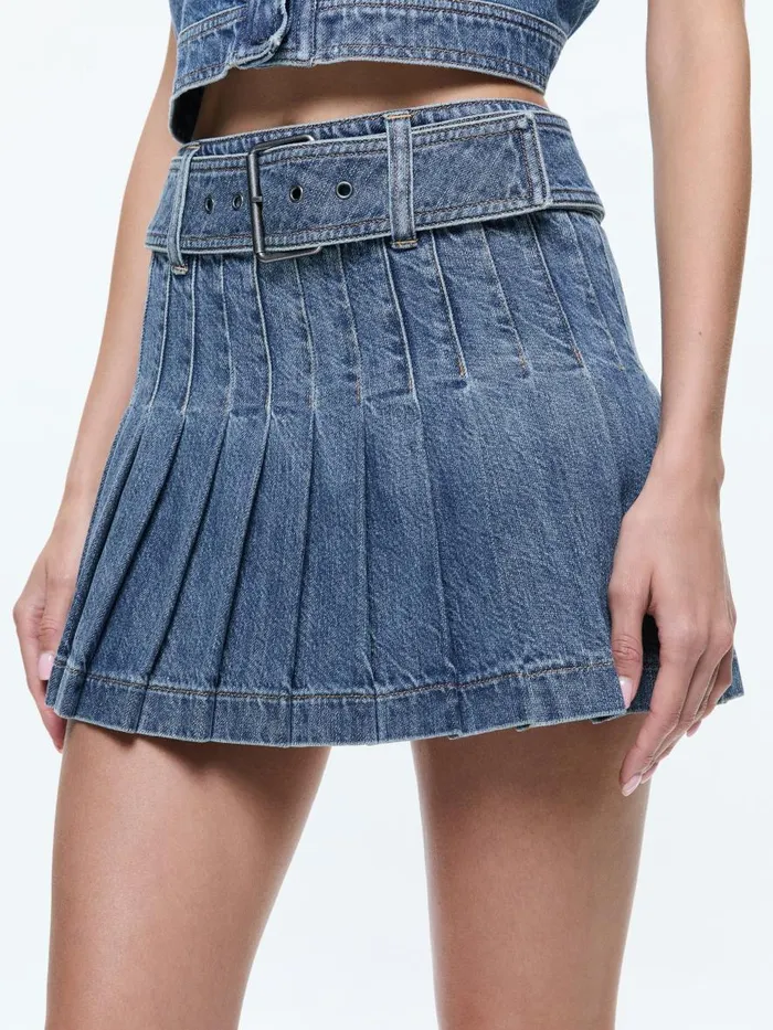 Skirts Women Alice Olivia MERA LOW RISE PLEATED SKIRT WITH BUCKLE Avery Blue